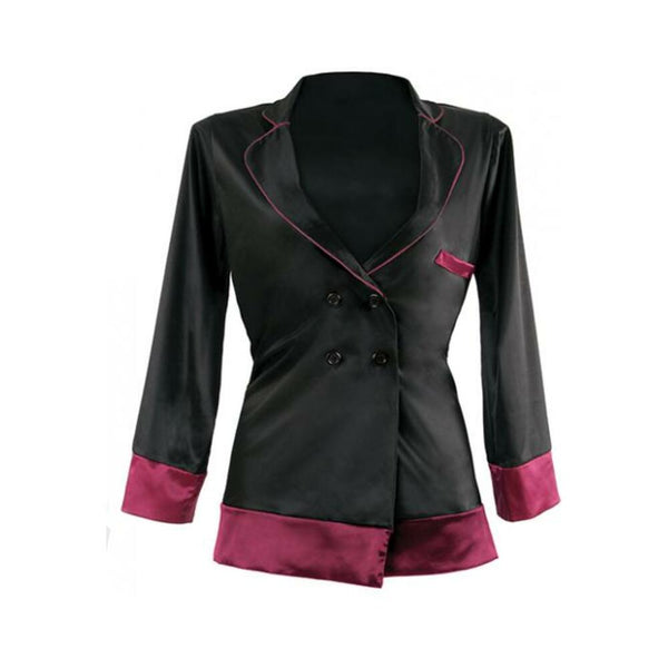 Premiere Marjorie Contrast Cuff Satin Blazer Jacket Black Berry S/M
