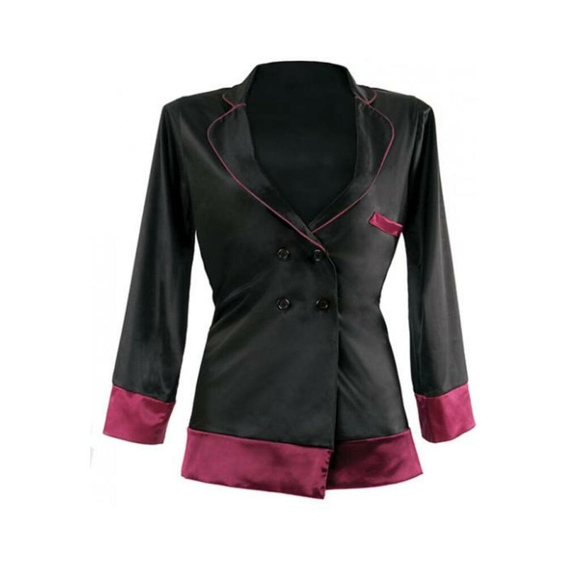Premiere Marjorie Contrast Cuff Satin Blazer Jacket Black Berry S/M
