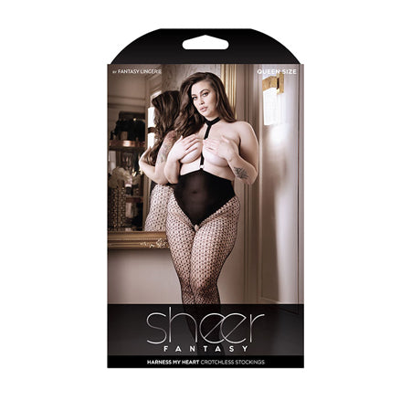 Sheer Fantasy Choker Harness Stockings w/Open Crotchless Black QN