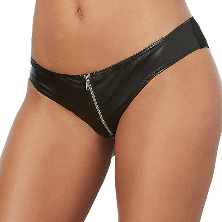 Faux Leather Look Stretch Knit Cheeky Panty w/Functional Zipper Black MD