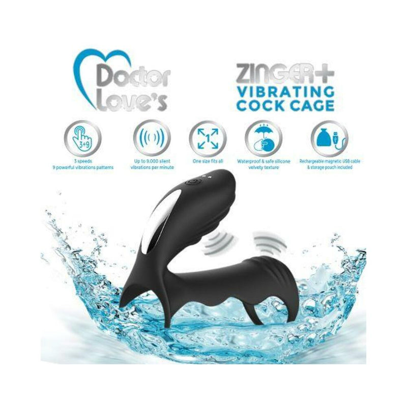 DOCTOR LOVE ZINGER+ VIBRATING RECHARGEABLE COCK CAGE BLACK