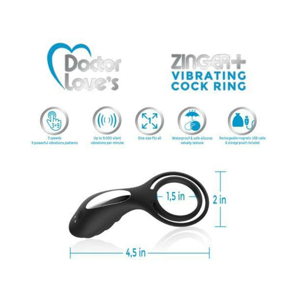 DOCTOR LOVE ZINGER+ VIBRATING RECHARGEABLE COCK RING BLACK