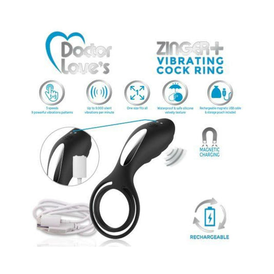 DOCTOR LOVE ZINGER+ VIBRATING RECHARGEABLE COCK RING W/ REMOTE BLACK