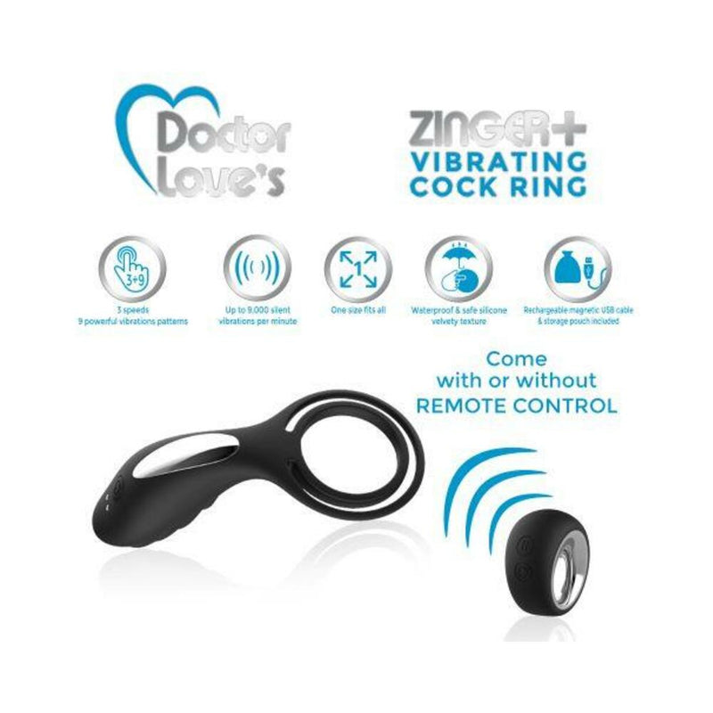 DOCTOR LOVE ZINGER+ VIBRATING RECHARGEABLE COCK RING W/ REMOTE BLACK