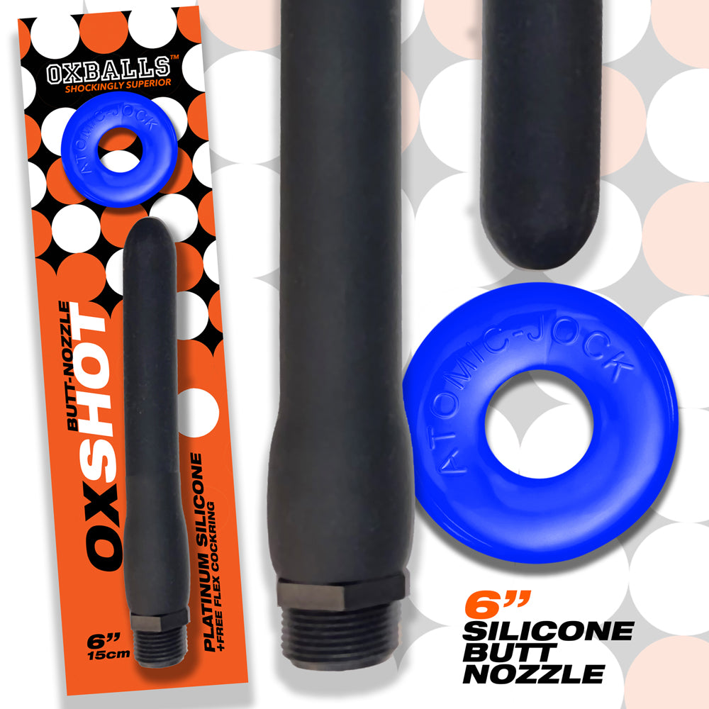 Oxballs Oxshot 6' Silicone Butt Nozzle w/Flex Cockring - Black/Blue