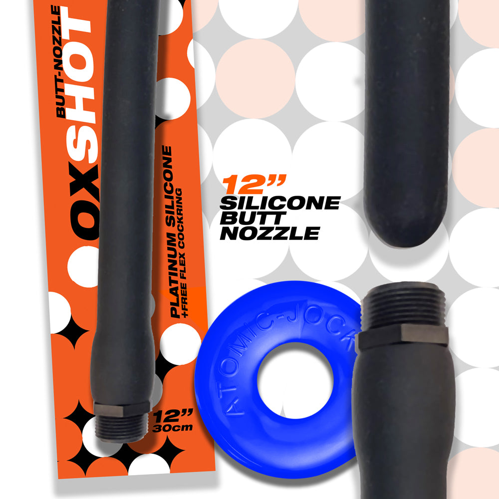 Oxballs Oxshot 12' Silicone Butt Nozzle w/Flex Cockring - Black/Blue
