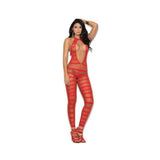 Opaque Net Striped Bodystocking Open Crotch Red O/S