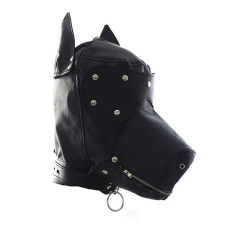 Plesur Locking Lace-Up Faux Leather Dog Hood Mask With Zipper Mouth Black Bag Packaging
