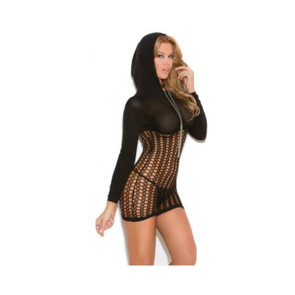 Vivace Crochet Long Sleeve Mini Dress w/Hood Black O/S