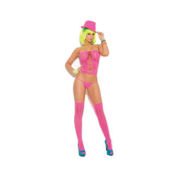 3 Piece Pot Hole Bandeau Top Set - One Size - Neon Pink