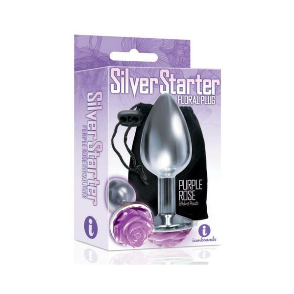 The Silver Starter Rose Floral Steel Butt Plug Purple