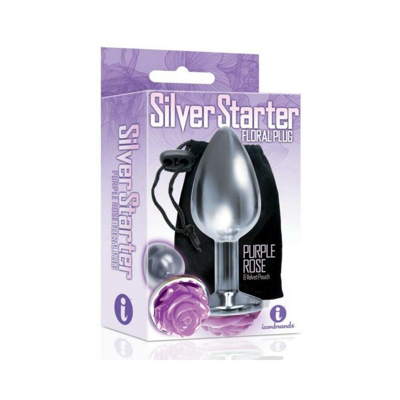 The Silver Starter Rose Floral Steel Butt Plug Purple