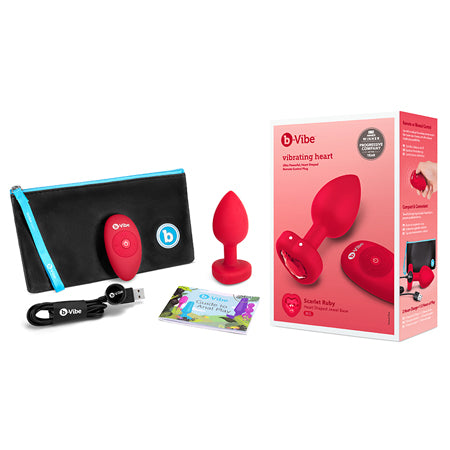 B VIBE VIBRATING HEART SHAPED JEWEL PLUG M/L RED