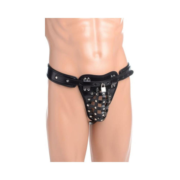 Netted Male Chastity Jock Black Leather O/S