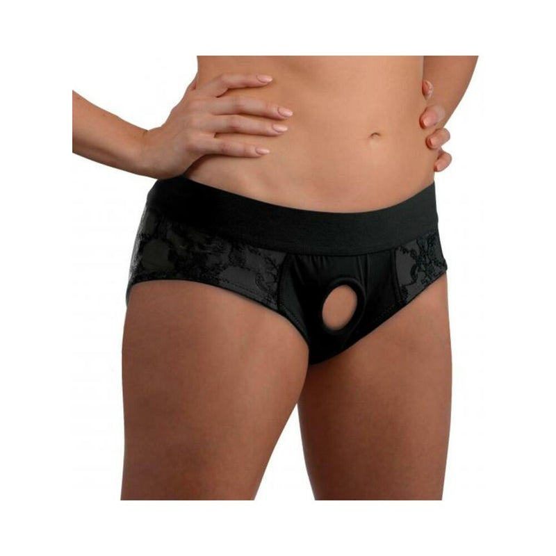 Lace Envy Black Crotchless Panty Harness - S-m