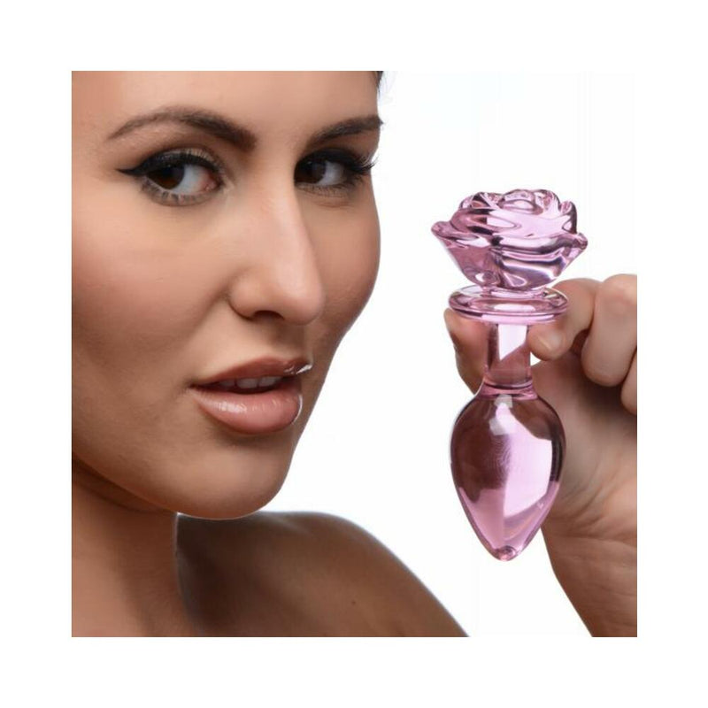 Booty Sparks Pink Rose Glass Anal Plug - Large