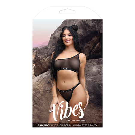 Vibes Bad Bitch One Shoulder Bling Bralette & Panty Black L/XL
