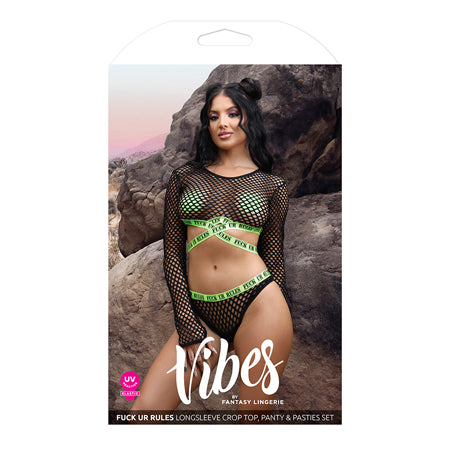 Vibes Fuck Ur Rules Long Sleeve Crop Top, Panty & Pasties Black/Green S/M