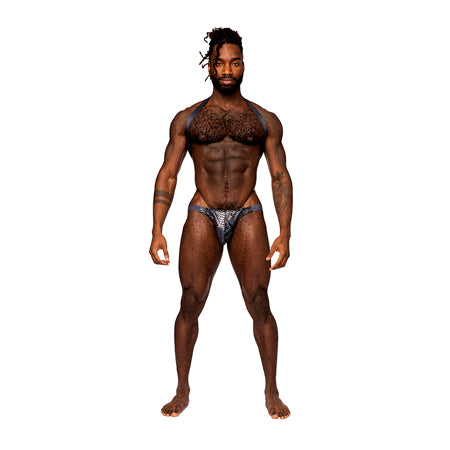 Male Power Snaked Shoulder Sling Harness Thong One-Piece Black/Blue S/M