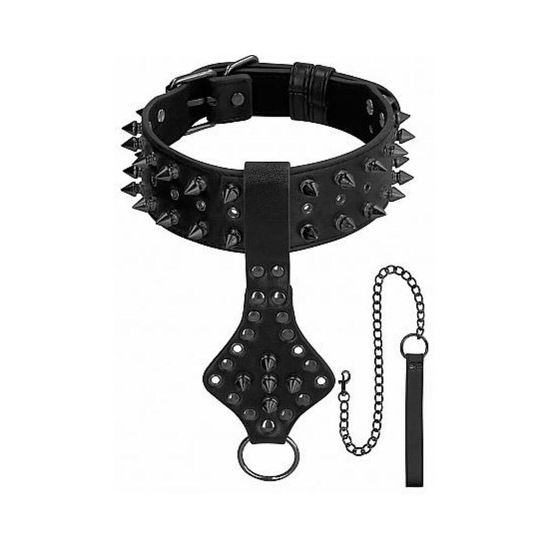 Ouch! Skulls & Bones Neck Chain with Spikes And Leash Black