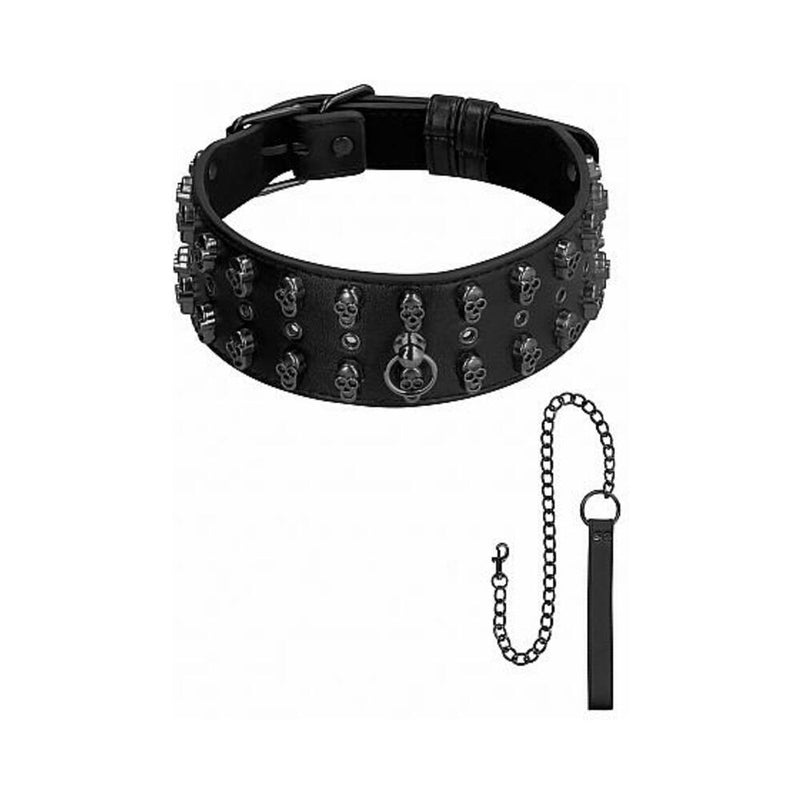 Ouch! Skulls & Bones Neck Chain With Skulls And Leash Black