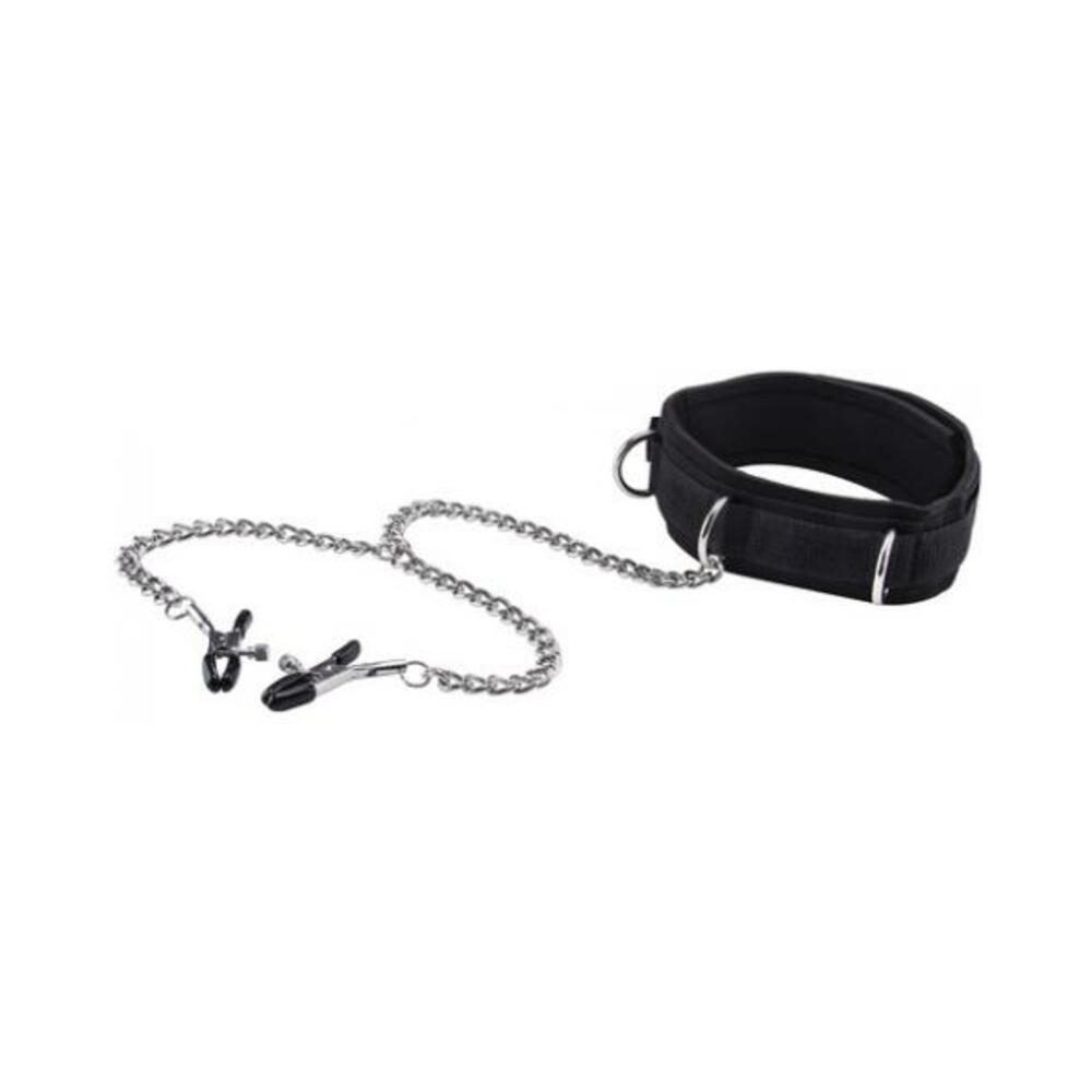 Ouch Velcro Collar with Nipple Clamps Black