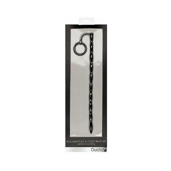 Shots Ouch Urethral Sounding Silicone Plug & Cock Ring Set - Black