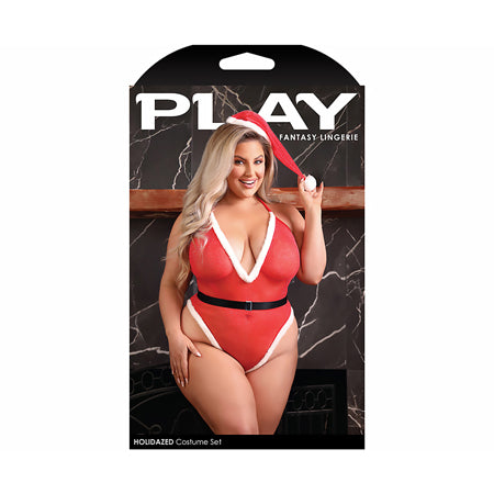 Fantasy Lingerie Play Holidazed Sheer Sparkle Mesh Teddy with Faux Fur Trim: Belt & Santa Hat Red 3XL/4XL
