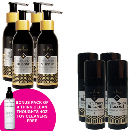 Pack of 4 Premium Silicone Lubricant 4.2 oz./Pack of 4 Ultra-Thick Silicone Lubricant 4.2 oz. +Free Bonus Pack of 4 Think Clean Thoughts Toy Cleaner 4.2 oz.