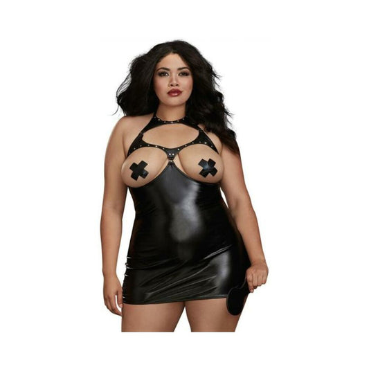 Fetish Stretch Faux Leather Boob Out Chemise & Paddle Black QN