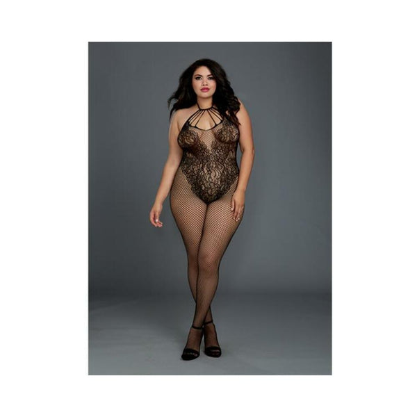 Fishnet Bodystocking W/knitted Teddy Design Black Qn