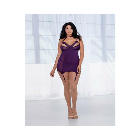Microfiber & Mesh Garter Slip Plum Qn