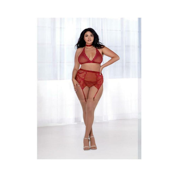 Fishnet & Lace Bralette, Garterbelt, G-string & Choker Garnet Qn