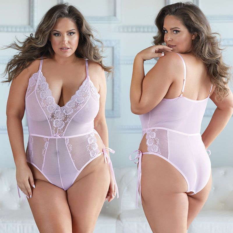 Allure Belle Lace & Mesh Tie Up Romper Pink 1X/2X