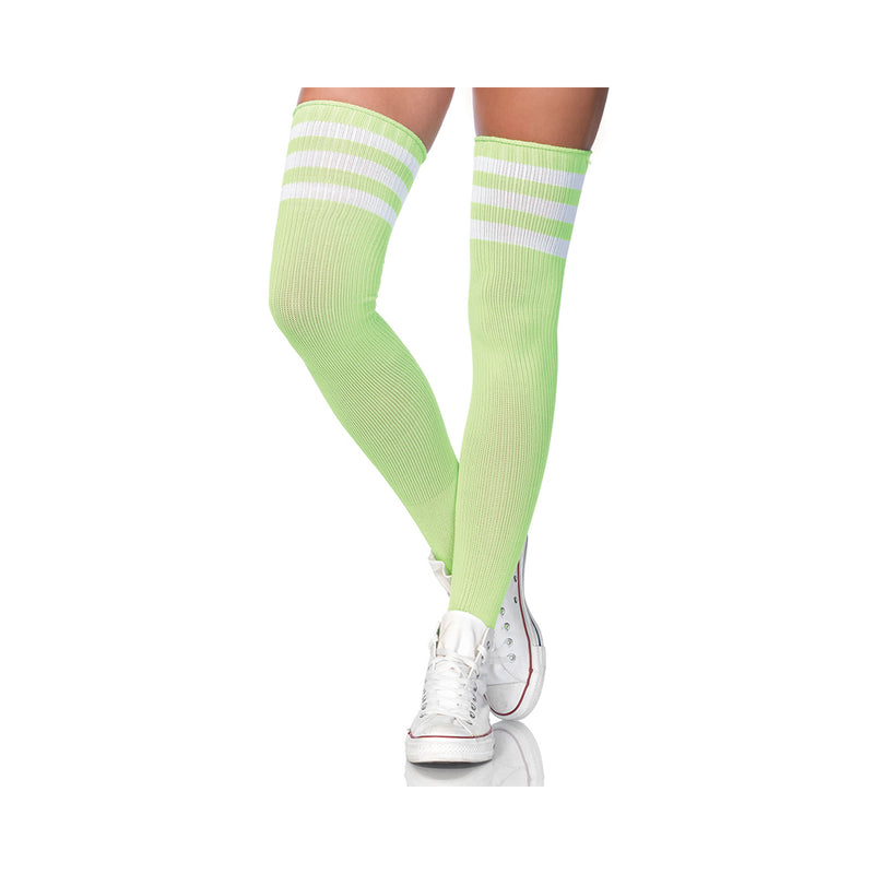 3 Stripes Athletic Ribbed Thigh Highs - One Size - Neon Green
