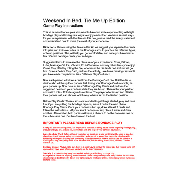 Weekend In Bed All Tied Up Game Kit