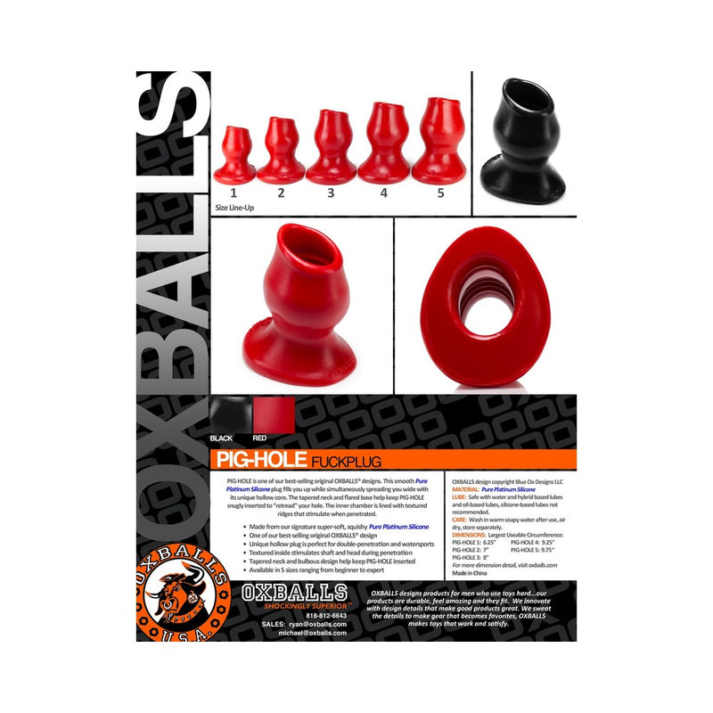 Oxballs Pig Hole Deep-2, Hollow Plug, Large, Red