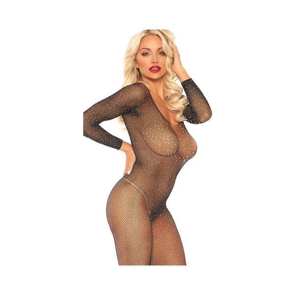 Crystalized Seamless Fishnet Long Sleeved Bodystocking. Black O/s