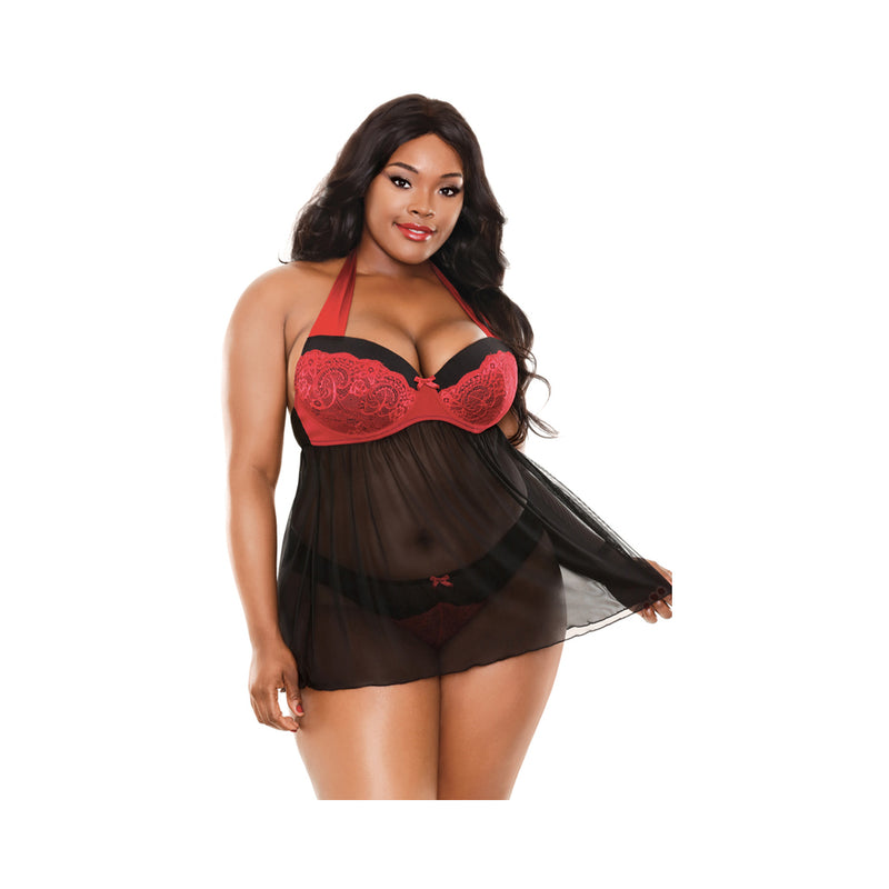 Sophia Halter Babydoll & Panty Black Red 3X/4X