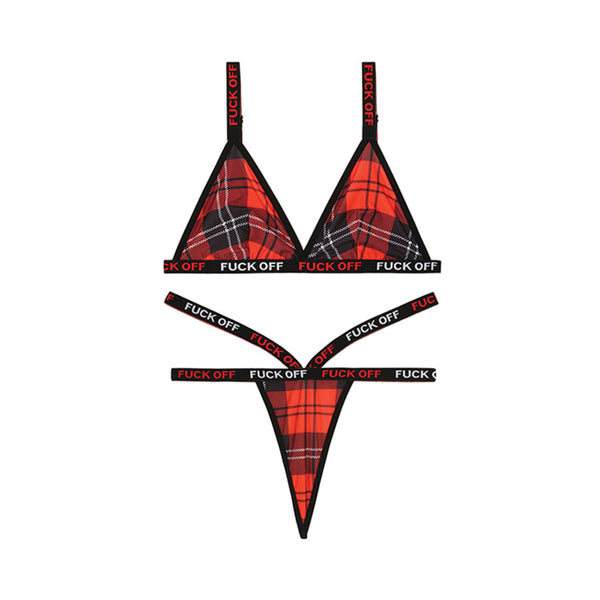 Vibes F*ck Off Bralette & Thong Set Red Plaid L/XL