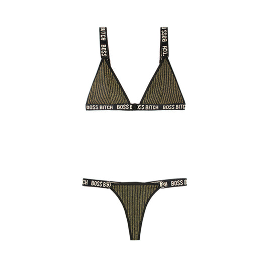 Vibes Boss Bitch Bra/panty Gold Ring Blk Lxl