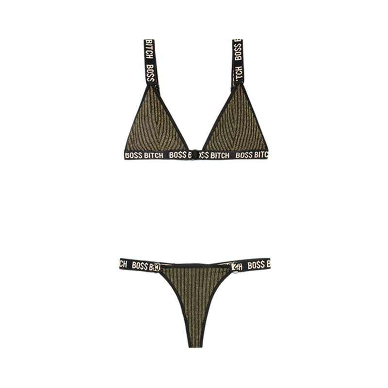 Vibes Boss Bitch Bra/panty Gold Ring Blk Lxl