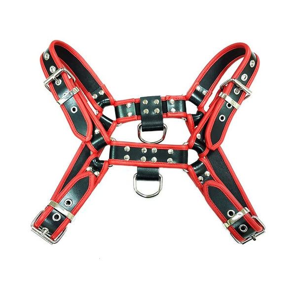Leather Harness - BLACK W/RED Piping Lg