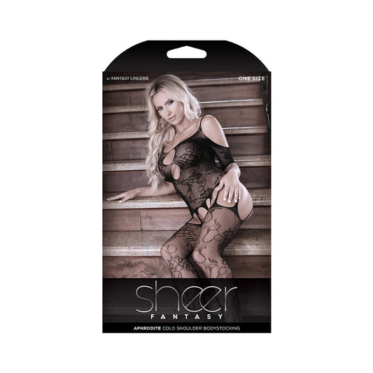Sheer Aphrodite Floral Net Cold Shoulder Gartered Bodystocking With Cutout Sleeves One Size
