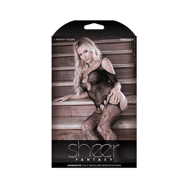 Sheer Aphrodite Floral Net Cold Shoulder Gartered Bodystocking With Cutout Sleeves One Size