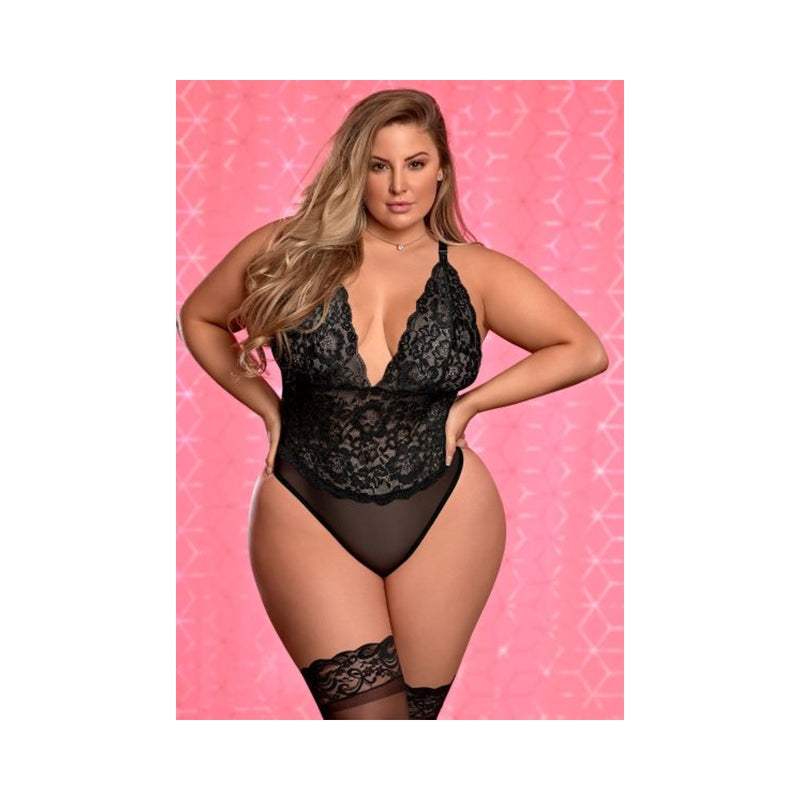 Risqué Business Lace & Mesh Teddy w/Snap Crotch Red QN