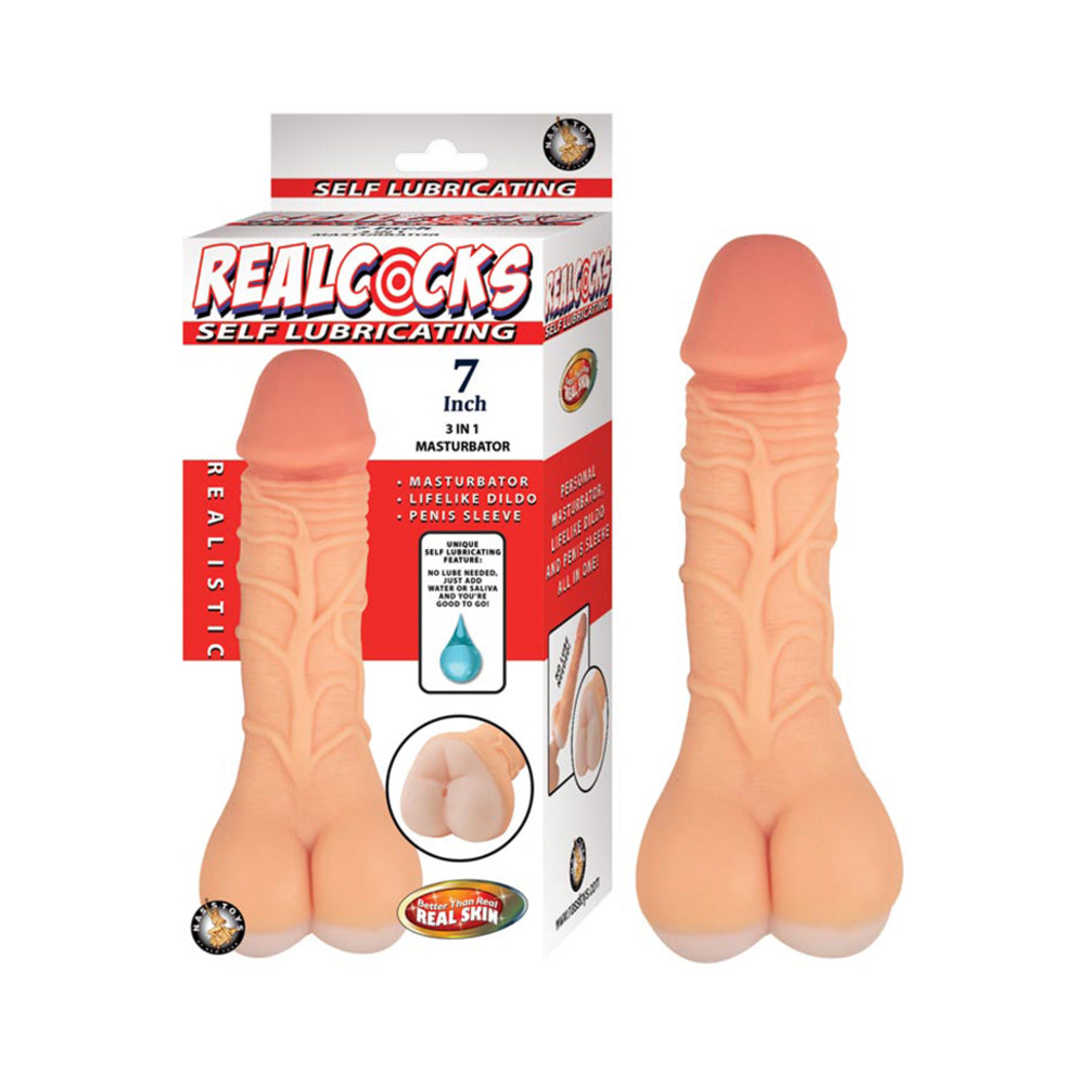 Realcocks Self Lubricating 7" 3-in-1 Masturbator - White