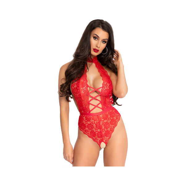 High Neck Floral Backless Teddy With Crotchless Thong Panty Red Large