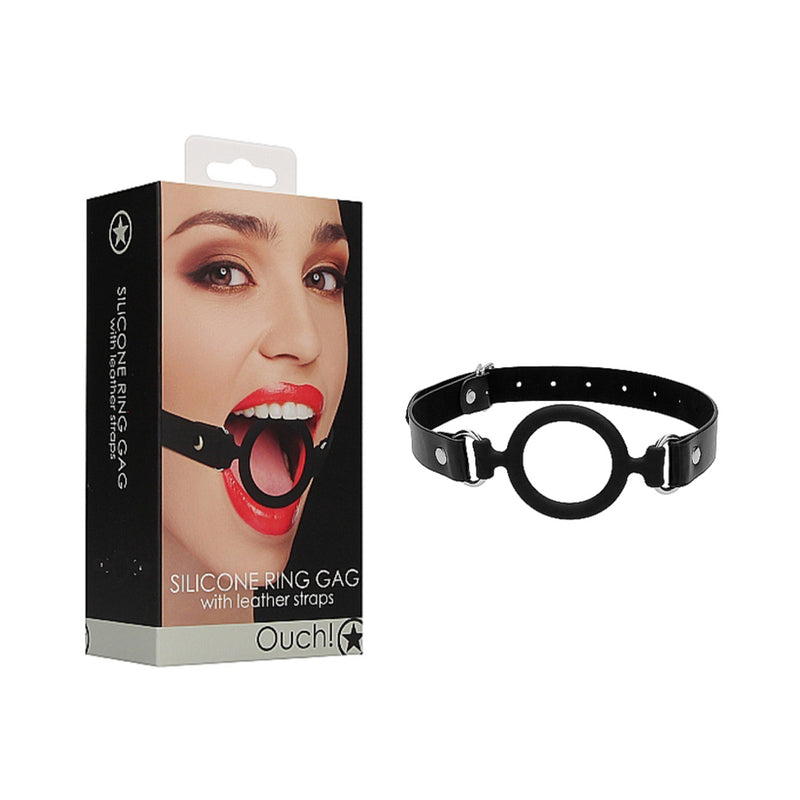 Ouch! Silicone Ring Gag With Leather Straps - Black