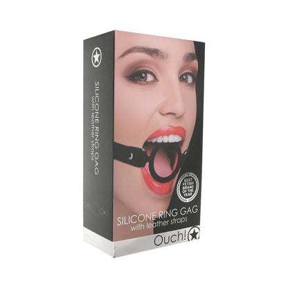 Ouch! Silicone Ring Gag With Leather Straps - Black